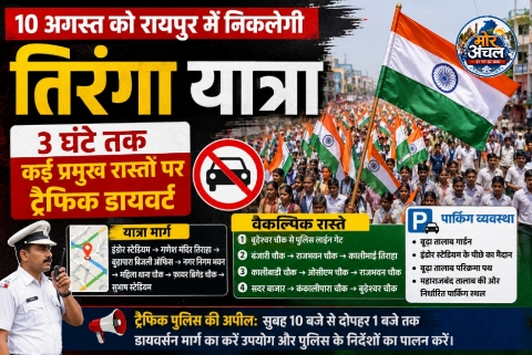 10 अगस्त को रायपुर में निकलेगी तिरंगा यात्रा, 3 घंटे कई प्रमुख रास्तों पर ट्रैफिक डायवर्ट
